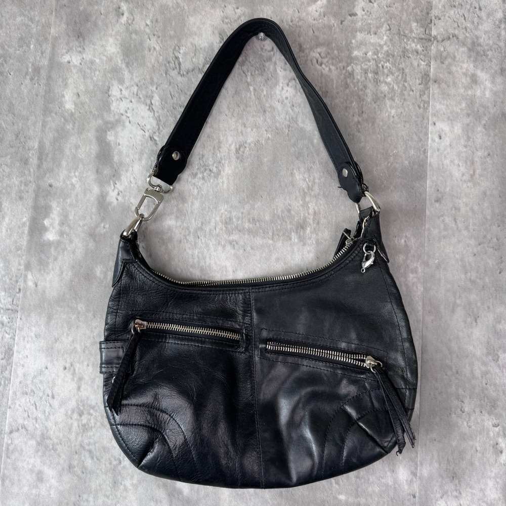 Vintage Y2K Black Leather Hobo Shoulder Bag Purse Silver Zip Patchwork Biker